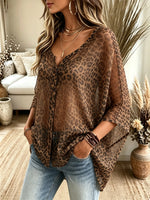 Women's Sheer Leopard Print Button-Down Blouse