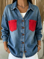 Women’s Contrast Red Pocket Oversized Collared Long Sleeve Denim Shirt Jacket