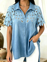 Women’s Floral Eyelet Lace Spliced Cap Sleeve Collared Denim Shirt
