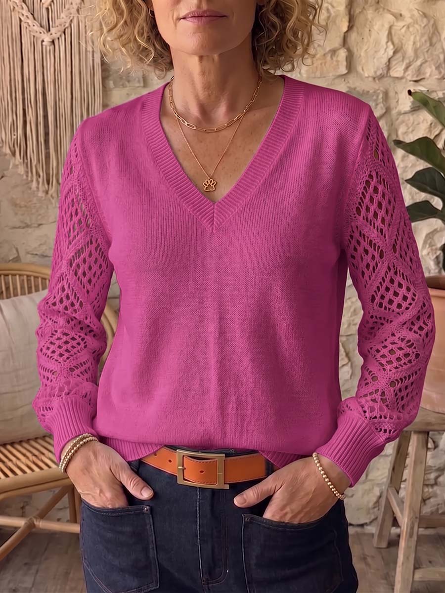 Women's Solid Color V-neck Long-sleeve Casual Loose Cut-out Knit Pullover