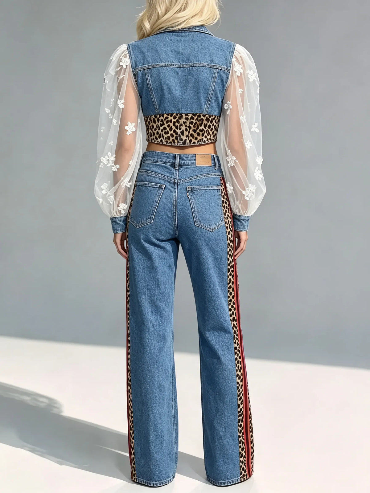 Women's Leopard Stripe Mesh Puff Sleeve Denim Top & Flare Pants Set