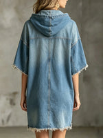 Women's Solid Washed Raw Edge Hooded Pocket Short Sleeve Denim Mini Dress