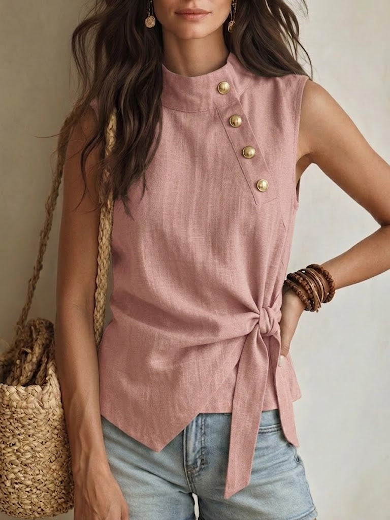 Casual Linen-cotton Sleeveless Top With Metal Buckle