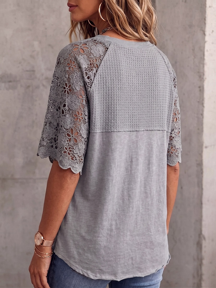 Vintage Elegant Patchwork Embroidered Cut-Out Sleeve Shirt