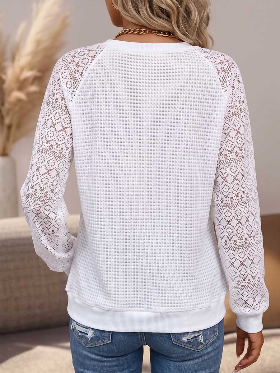 Women's Solid Color Crew Neck Long-sleeve Loose-fit Cut-out Knit-panel Pullover
