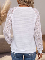 Women's Solid Color Crew Neck Long-sleeve Loose-fit Cut-out Knit-panel Pullover