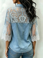 Women's Floral Lace Patchwork 3/4 Sleeve Collar Denim Shirt