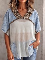 Vintage Elegant Patchwork Denim Leopard Cut-Out Shirt