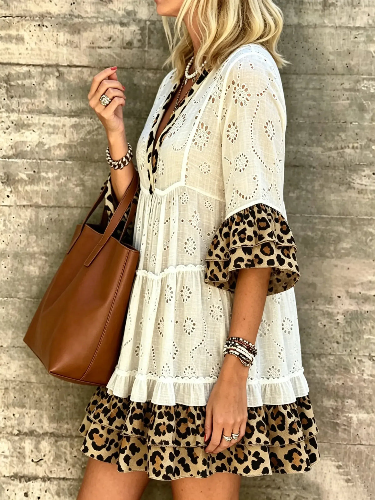 Women's Eyelet Embroidery Color Block Leopard Print V Neck Ruffle Babydoll Mini Dress
