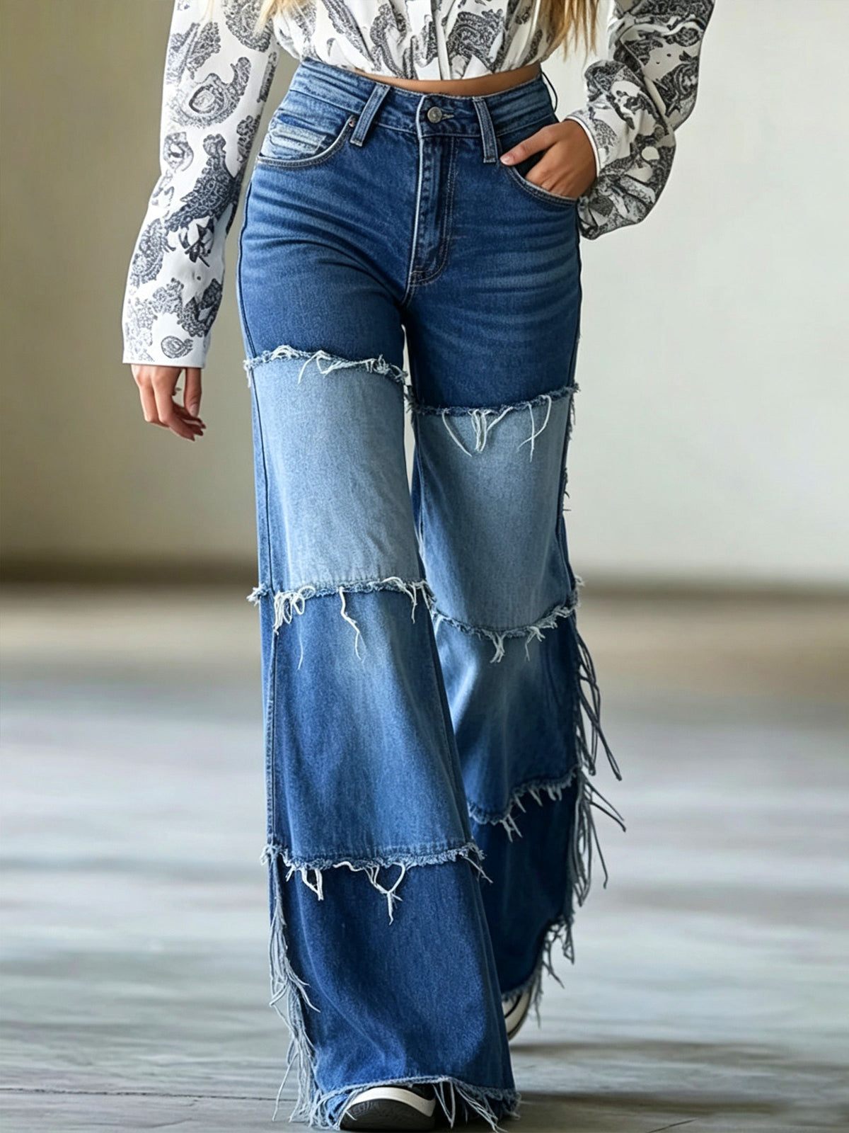 Womens High Waist Color Block Frayed Patchwork Wide Leg Flare Jeans