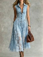 Women's Sleeveless Denim Lace Midi Dress