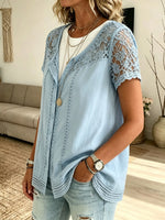 Women's Hollow Floral Lace Spliced Solid Cotton Short Sleeve Cardigan