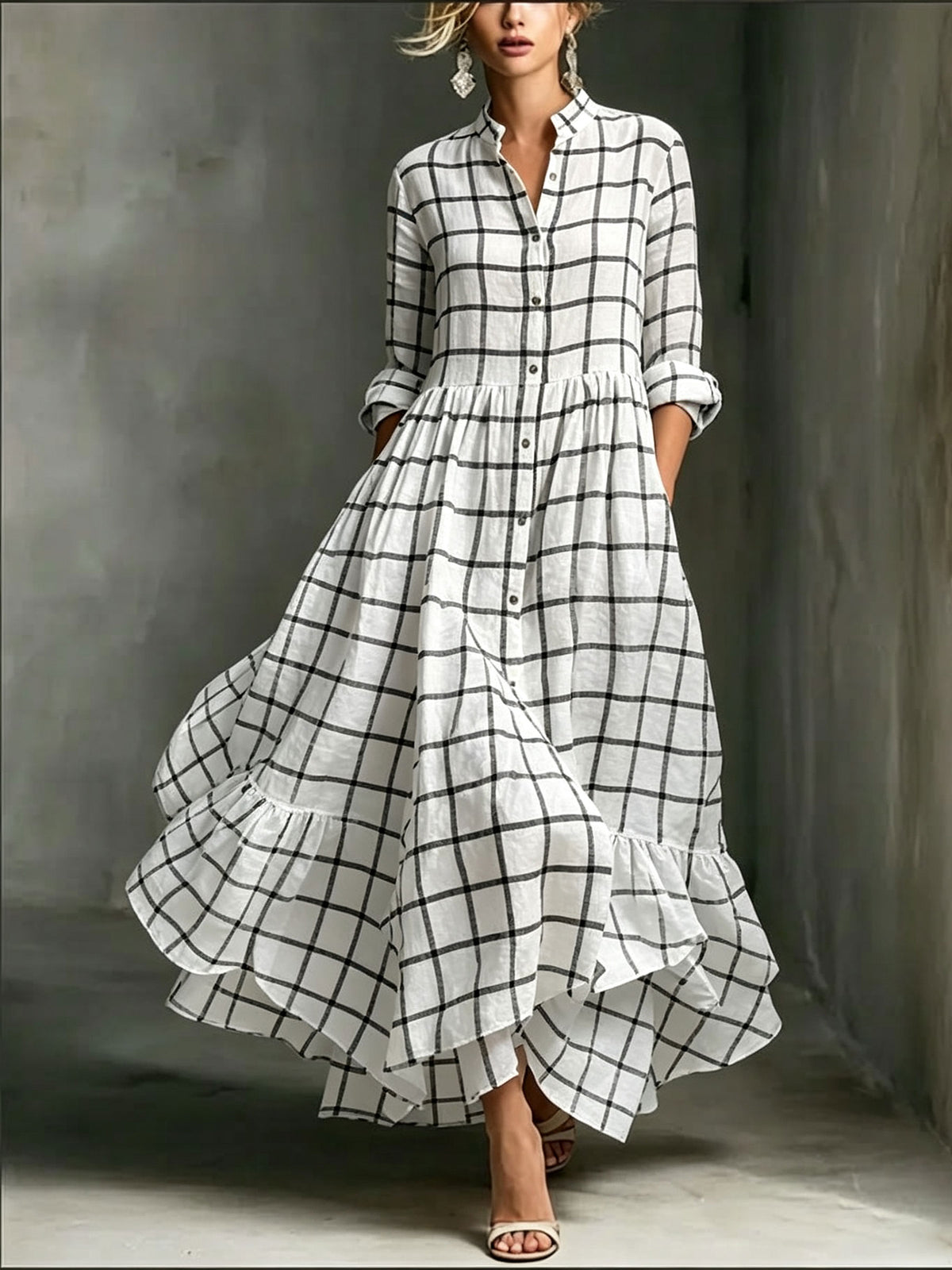 Women's Grid Print Stand Collar Button Down Ruffle Hem Cotton Linen Maxi Dress