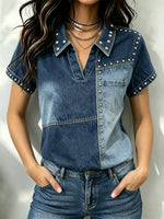 Women's Studded Patchwork Denim V-Neck Shirt