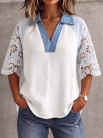 Vintage Elegant Waffle Patchwork Embroidered Cut-Out Sleeve Shirt
