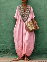Bohemian Floral Print Cotton-linen Kaftan Maxi Dress