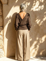 Womens Wrap Knit Top & Linen Wide Leg Pants Two Piece Outfit Set
