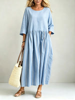 Women's Vertical Stripe Linen Blend 3/4 Sleeve Gathered Loose Midi Dress With Pockets