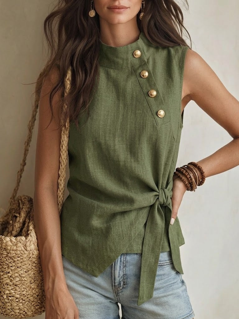 Casual Linen-cotton Sleeveless Top With Metal Buckle