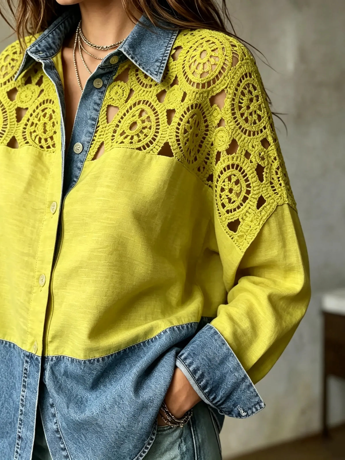 Women's Crochet Spliced Denim Hem Long Sleeve Shirt