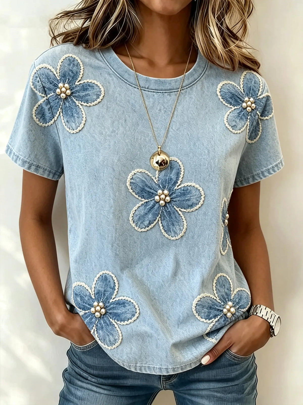 Women's Denim Pearl Floral Appliqué T-Shirt