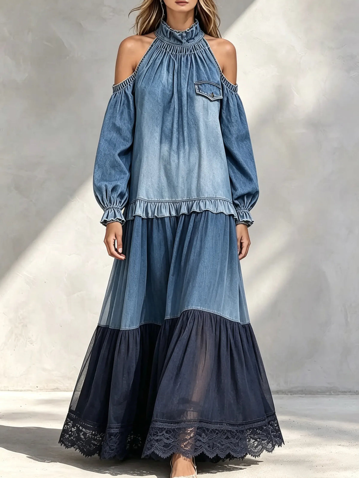 Women Gradient Denin Solid Halter Cold Shoulder Tiered Maxi Dress