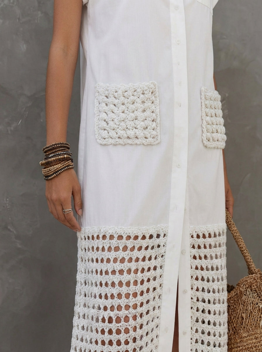Women’s Crochet Patchwork Short Sleeve Button Front Shirt Maxi Dress