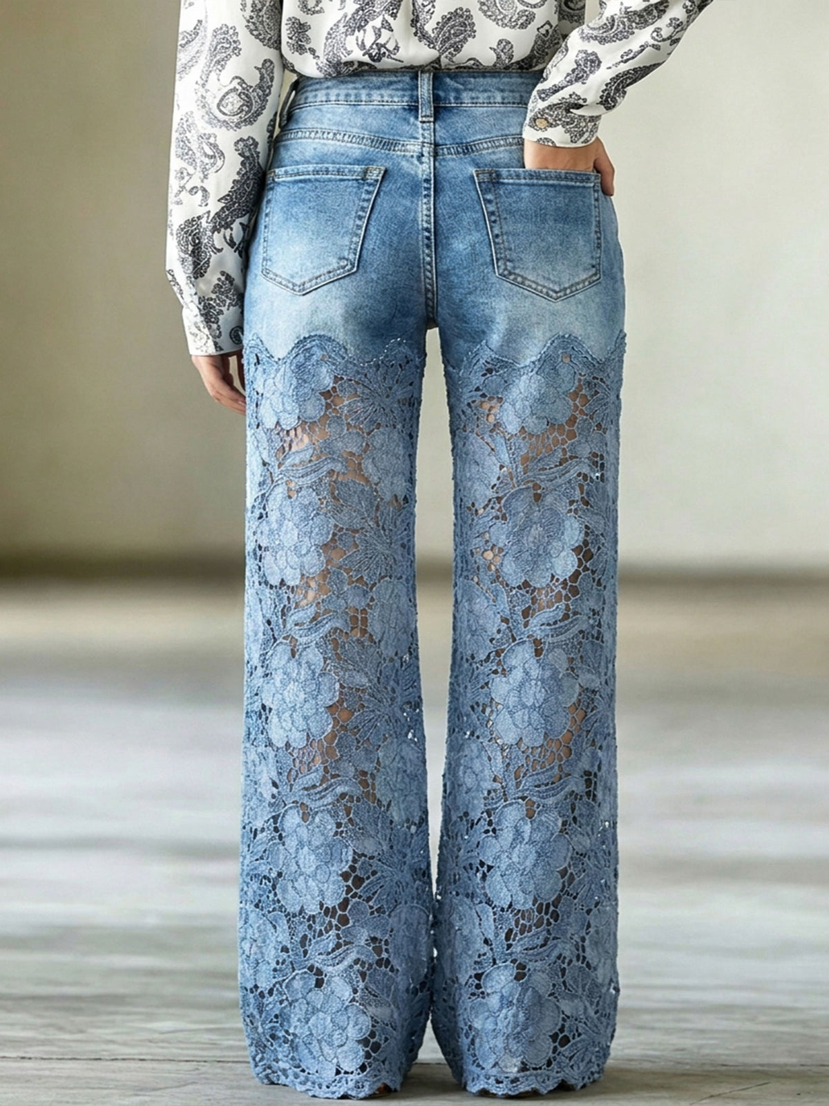 Womens High Waist Floral Lace Spliced Wide Leg Denim Jeans