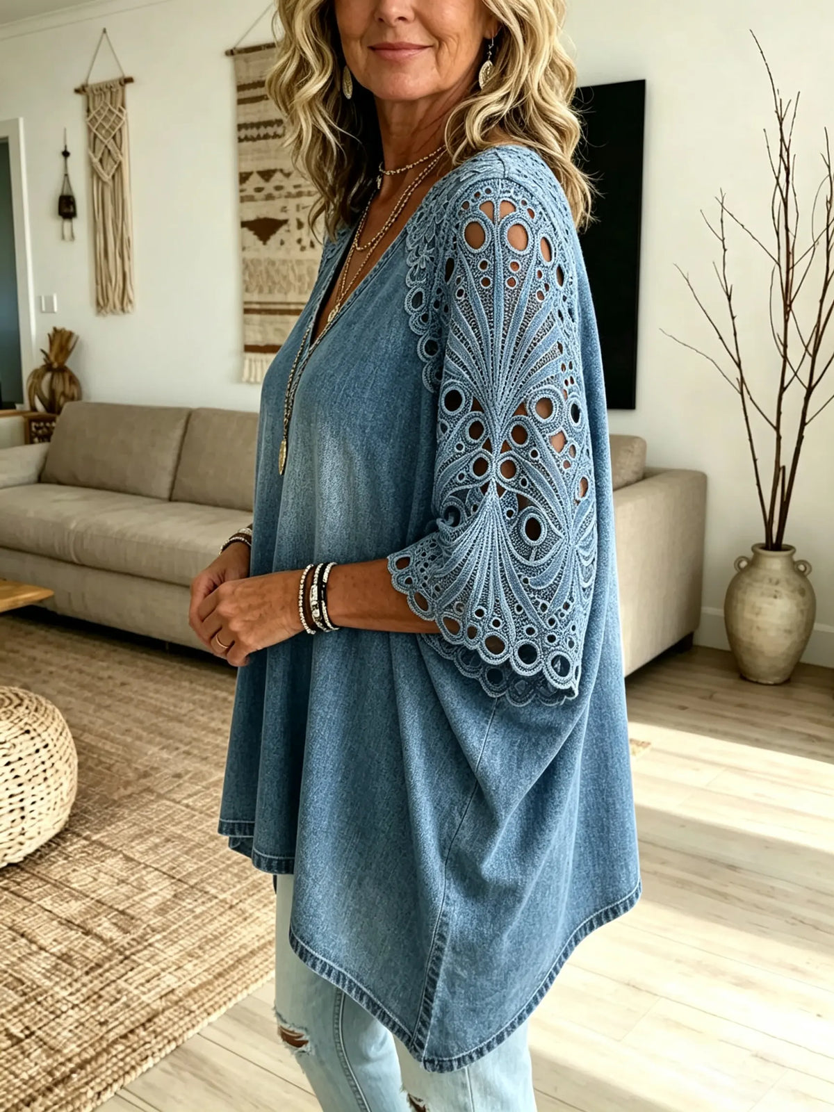 Women's Floral Eyelet Embroidery Washed Denim Loose V Neck Tunic Top