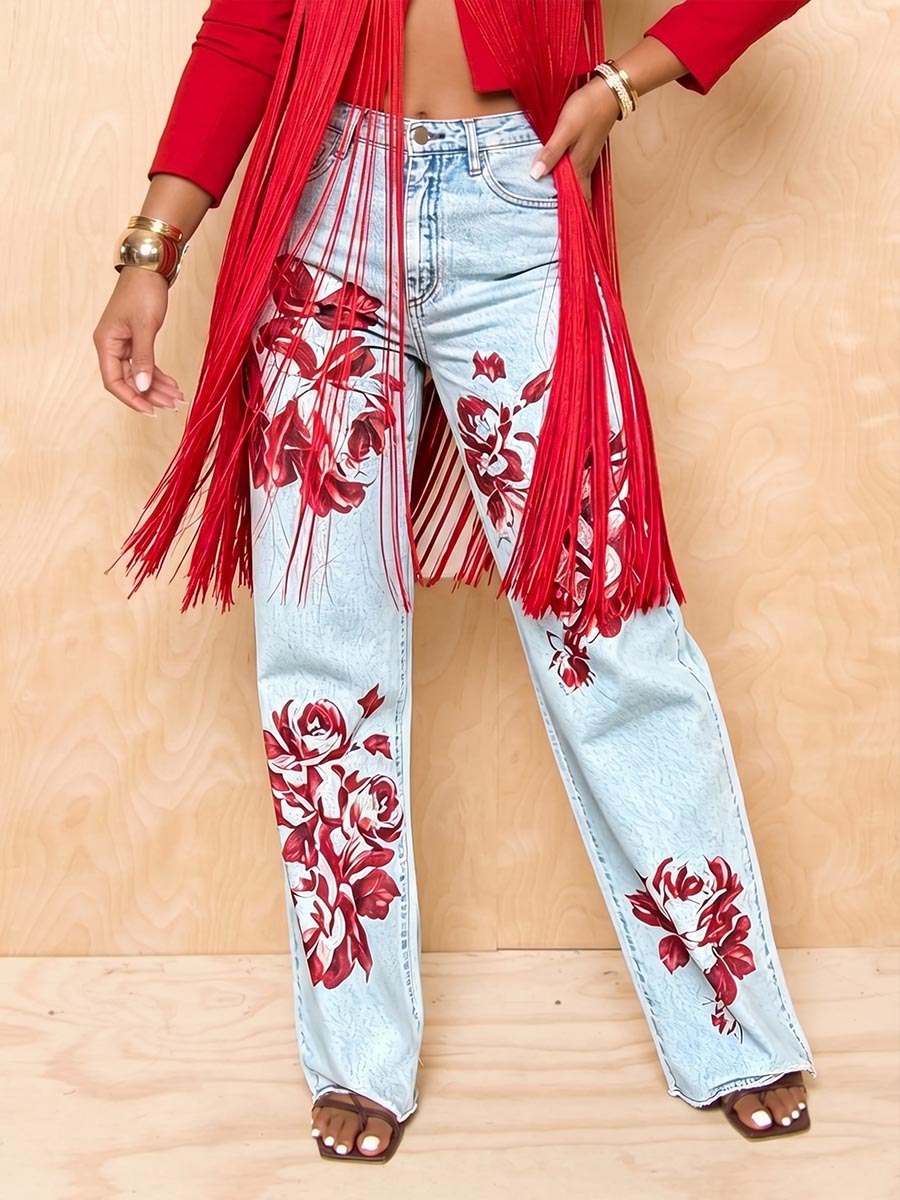 Women's High-waisted Loose Straight-leg Jeans With Placement Print