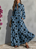 Washed Denim Shirt Dress Featuring Large Polka Dots, A Stand Collar, A Button-front Placket, Pleated Details, Long Lantern Sleeves, And An Ankle-length, Full-sweep Skirt