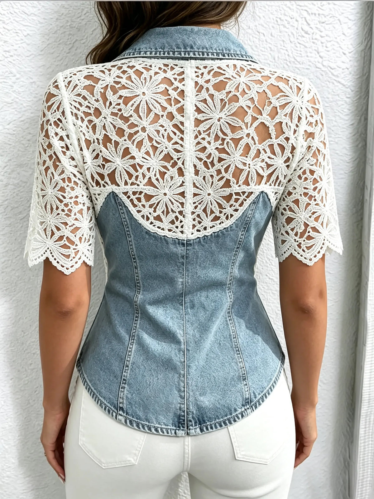 Women's Floral Hollow Lace Patchwork Zip Waist Short Sleeve Denim Blouse