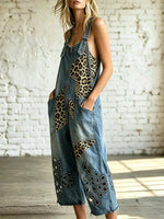 Women's Leopard Patchwork Eyelet Cropped Denim Overalls