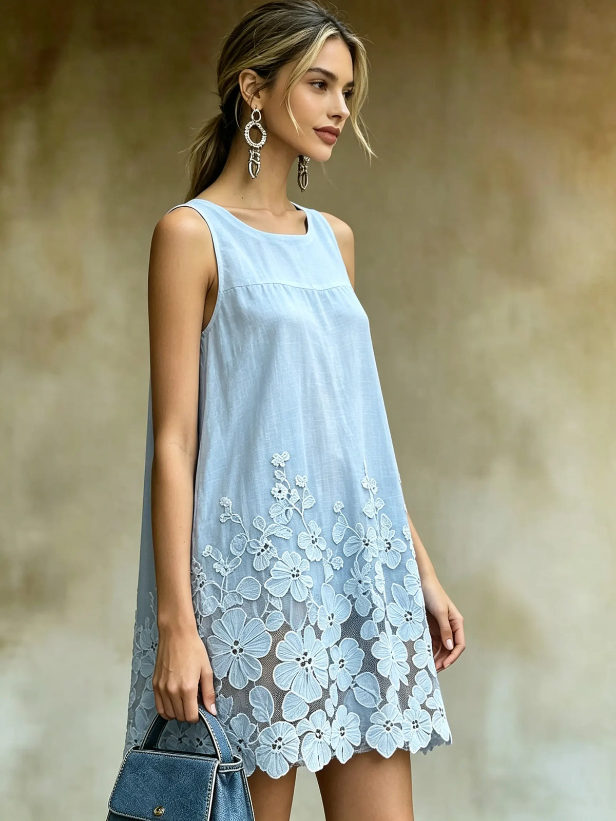 Women's Light Blue Cutout Floral Lace Sleeveless Dress