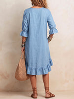 Women's Solid Color V-Neck 3/4 Sleeve Casual Loose Cotton-Linen Dress