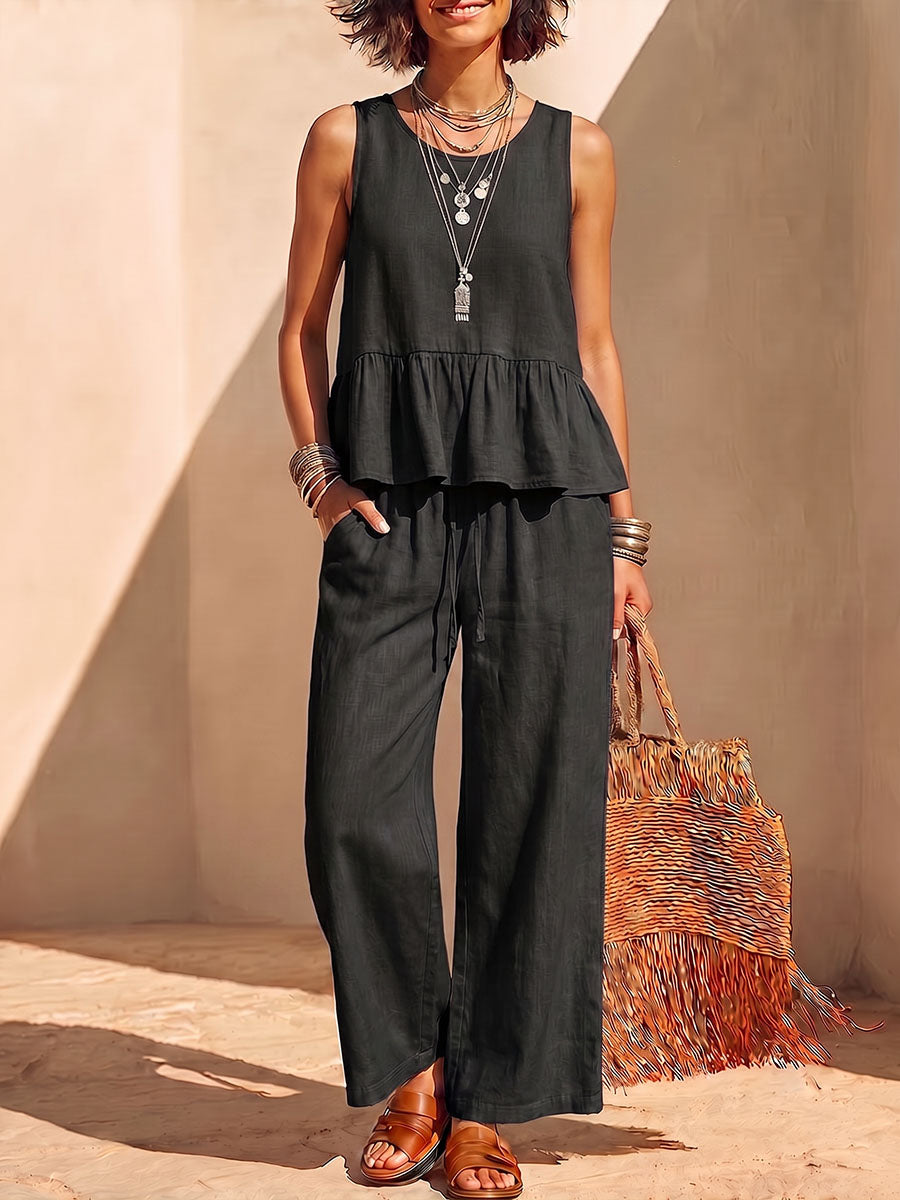 Women's Solid-color Cotton-linen Set: Sleeveless Round-neck Loose-fit Top & High-waisted Wide-leg Pants