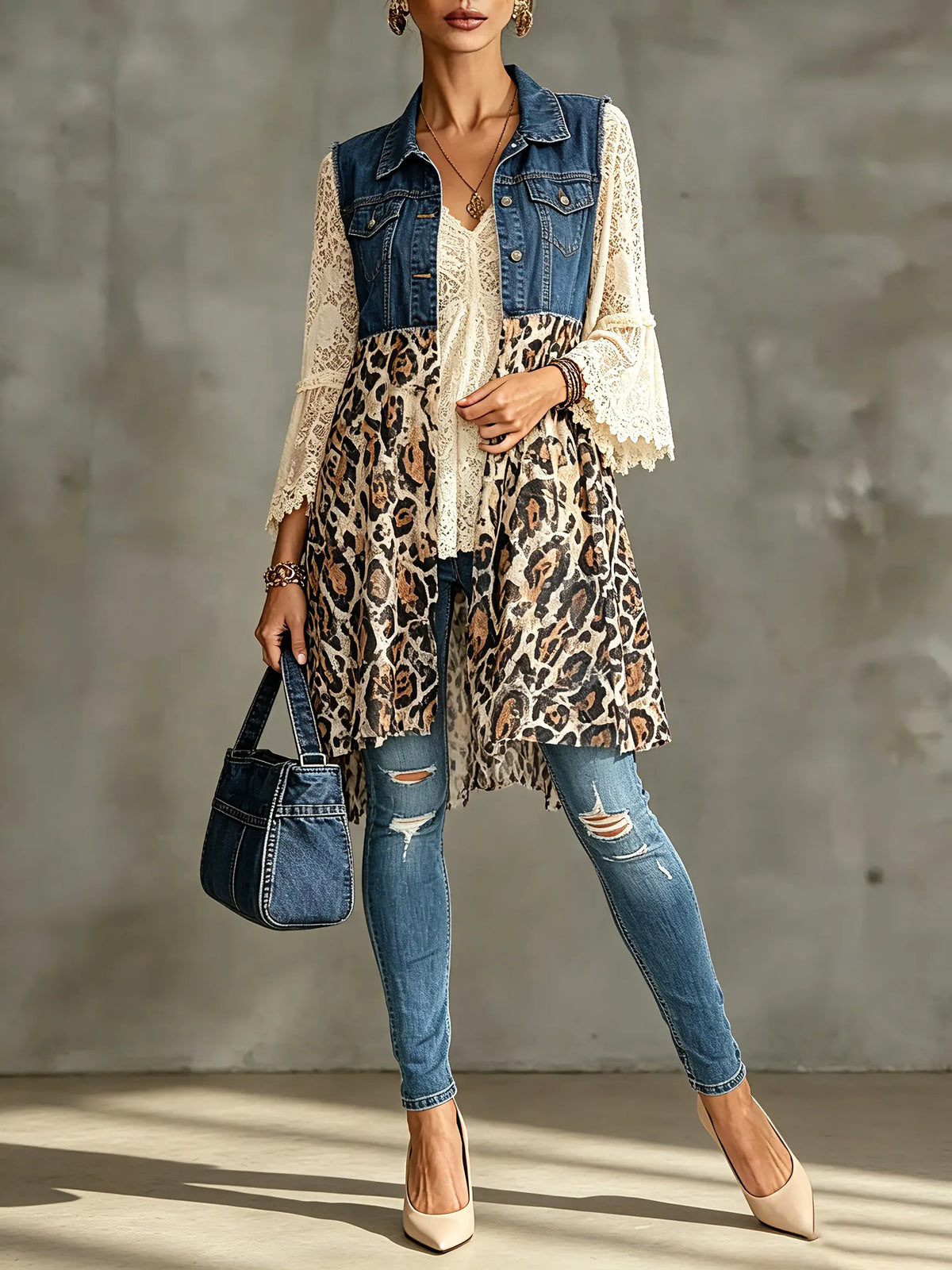Women's Leopard Print Lace Spliced Long Denim Vest