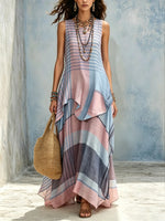 Women Pink Blue Contrast Horizontal Stripe Sleeveless Irregular Flowy Vacation Maxi Dress