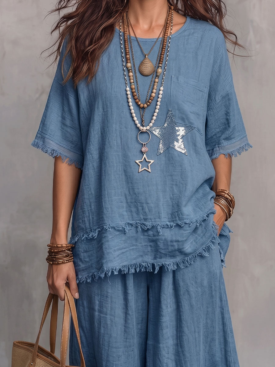Vintage Elegant Patchwork Sequins Embroidery Shirt Set