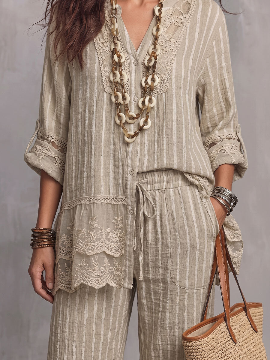 Vintage Elegant Patchwork Floral Embroidery Sheer Panel Shirt Set