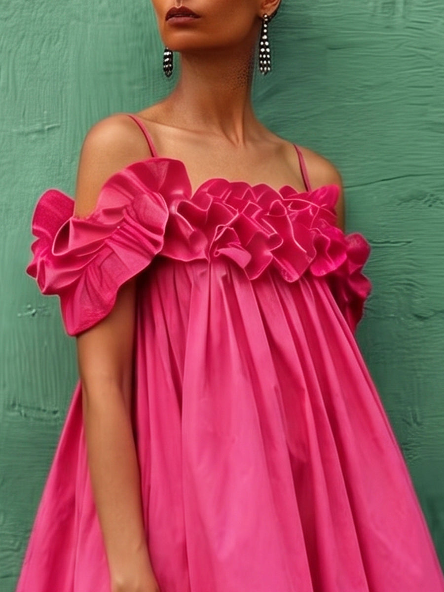 Elegant Hot Pink Off-shoulder Dress With Ruffled Collar