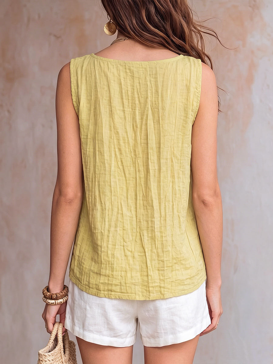 Women's Solid Color Crew Neck Sleeveless Casual Loose Cotton-linen Top
