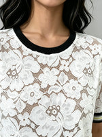 Women's Sheer Floral Lace Striped Trim Top
