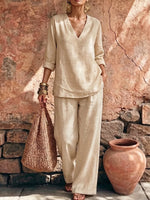 Women's Solid Color V-neck Long-sleeve Casual Loose Cotton-linen Top And High-waisted Wide-leg Pants Set