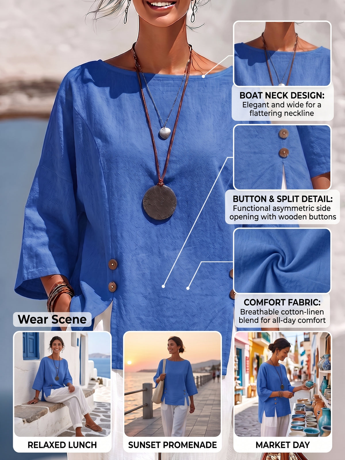 Breathable Blue Comfortable Cotton-linen Top