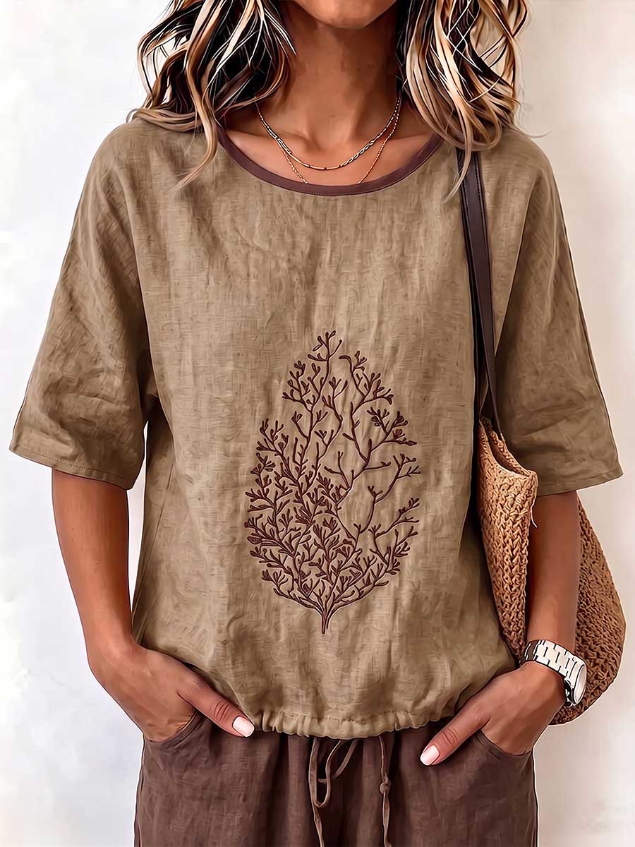 Women's Casual Loose-fit Cotton-linen Top With Placement Embroidery, Crew Neck, And 3/4 Sleeves With Drawstring Detail