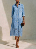 Straight-cut Dress Featuring A Denim-style Collar, Full-length Button-down Front, Patch Pockets, And Intricate, Heavy-work Floral Cut-out Lace Detailing