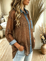 Women's Sheer Leopard Denim Patchwork Shirt