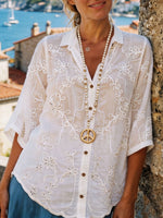 Women's Floral Embroidery Eyelet Half Sleeve Cotton Linen Shirt Blouse