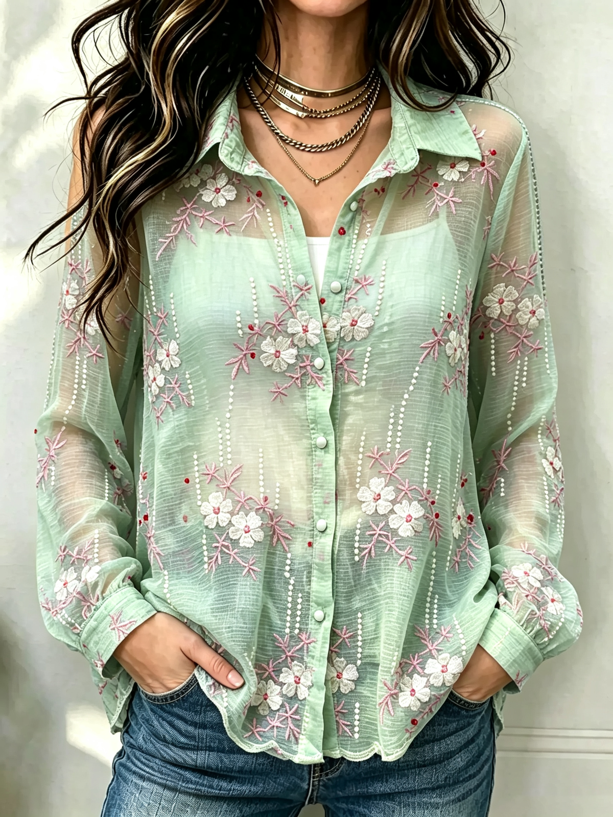Women's Floral Embroidered Sheer Shirt